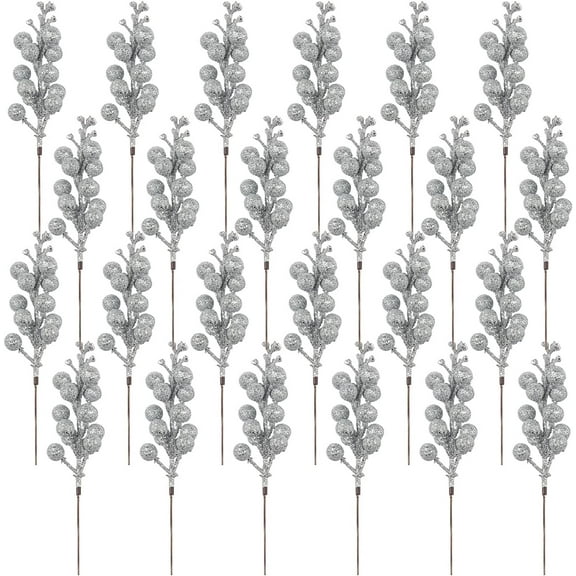 24 Pack Christmas Glitter Berries Stems Artificial Christmas Picks for Christmas Tree Filler, Wreath, Crafts, Holiday and Home Decor, 7.8 inches
