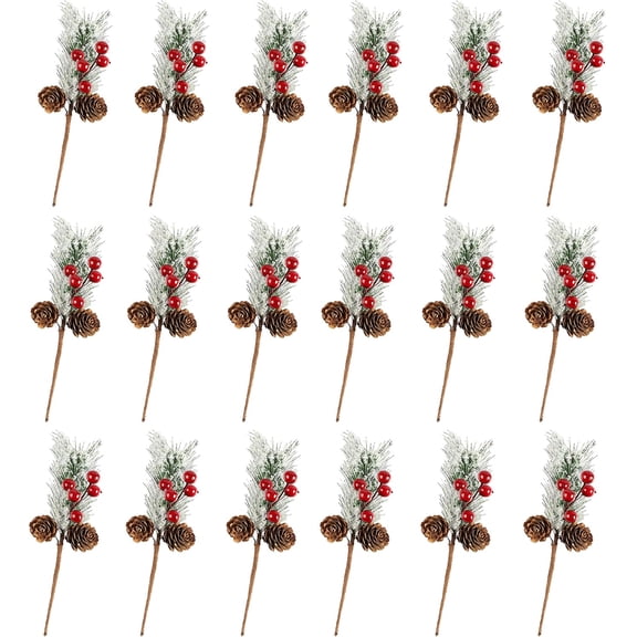 24 Pack Christmas Greenery Picks Frosted Red Berry Stems with Pine Cones Small Artificial Pine Branches Christmas Stems for Tree Crafts Vase Filler Winter Holiday Ornaments