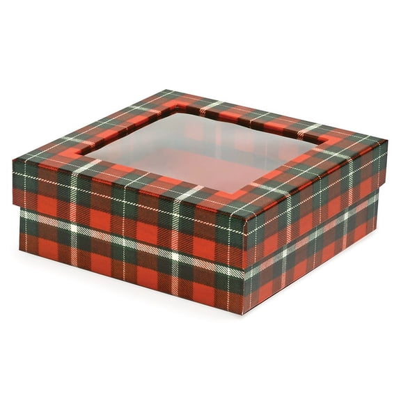 24 Pack, Christmas Plaid Rigid Window Box, Medium 5.75X5.75X2" for Candy, Cookies or Gourmet Food
