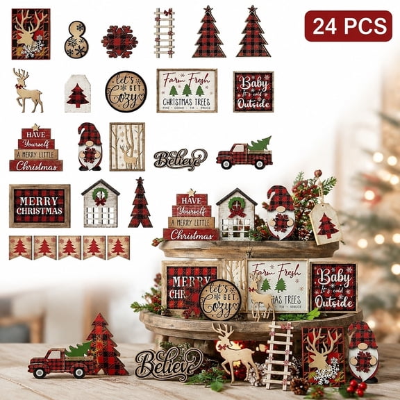 24 Pack Christmas Wooden Tiered Tray Decor Set, Elk Sleigh Farmhouse Table Ornaments for Xmas Holiday Party Desktop Decoration
