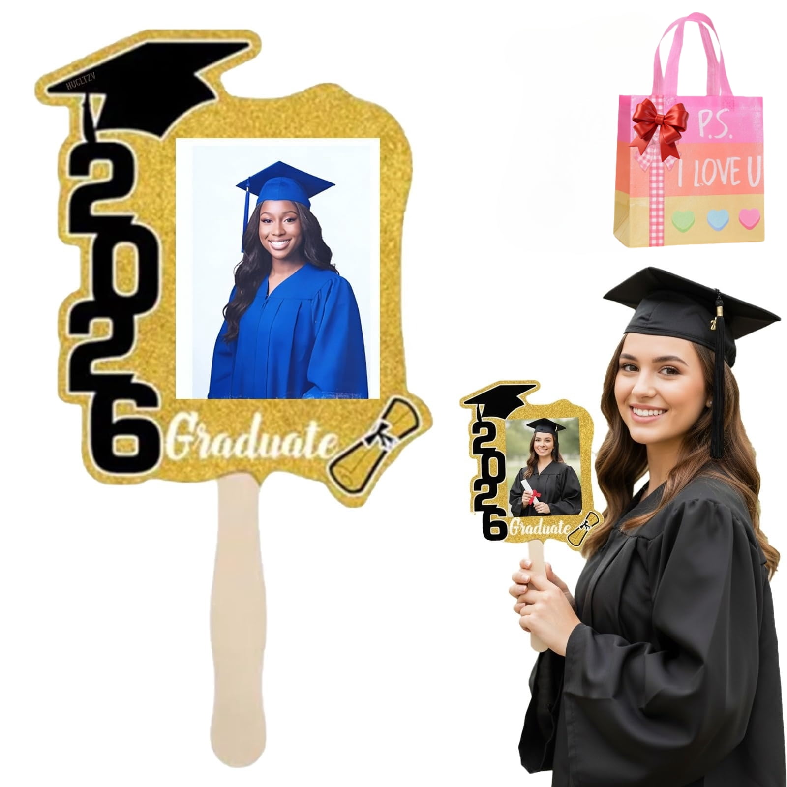 Graduation Handle 1 Pack Class of 2026 Graduation Fans with Handle Double Sided DIY Grad ...