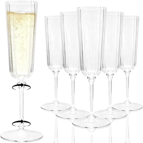 24 Pack Clear Champagne Flutes Plastic, 6oz Stripe Detachable Acrylic Champagne Glasses, Disposable Cocktail Drinking Cups, Reusable Wine Flutes, Cocktail Toasting Glasses for Wedding, Party