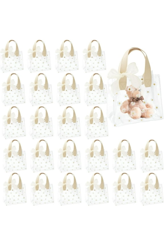 24 Pack Clear Gift Bags with Handle, Inches Reusable PVC Party Favor Bags Gift Wrap Tote Bags with 2 Ribbons, Cute Goodies bags for Wedding Birthday Boutique Shopping, 7.87 x 7.09 x 3.94 (white)