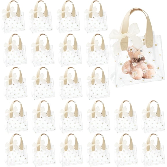 UOIXPUHUO 24 Pack Clear Gift Bags with Handle, Reusable PVC Party Favor Bags Gift Wrap Tote Bags with 2 Ribbons for Wedding Birthday