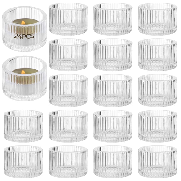 24 Pack Clear Glass Candle Holders, Vertical Ribbed Tealight Cups, Decorative Glass Containers for Home Ambiance, Wedding Tablescapes, Evening Meals, Scented Wellness