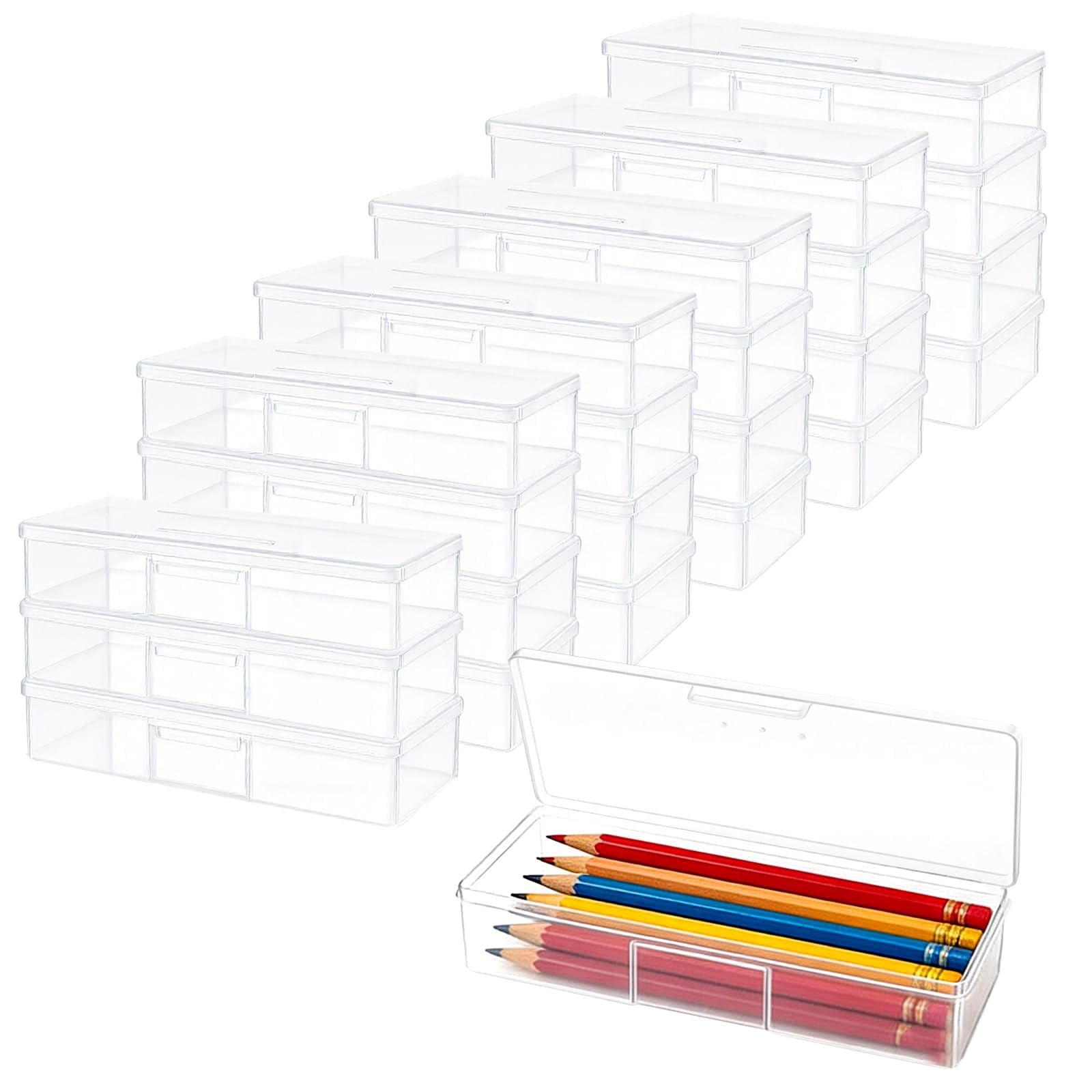 24 Pack Clear Pencil Boxes  Small Storage Box With Snap Lid Rectangle Mini Plastic Containers For Crayon Beads And Crafts 7.6 X 3 1.5 Inch