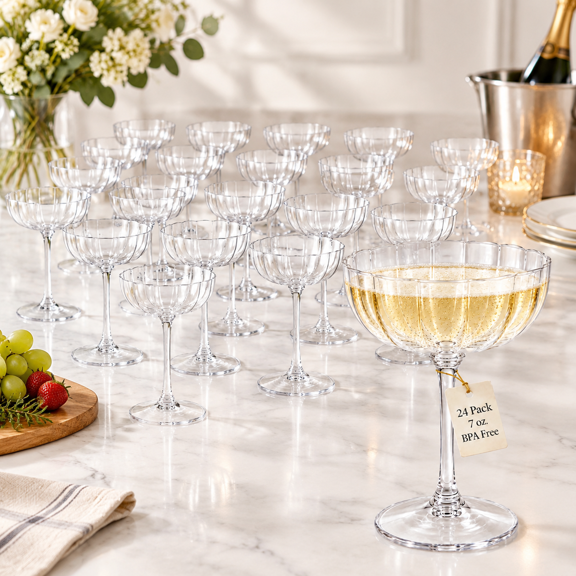 24 Pack Clear Plastic Martini Glasses, 7 Oz Ribbed Coupe Style