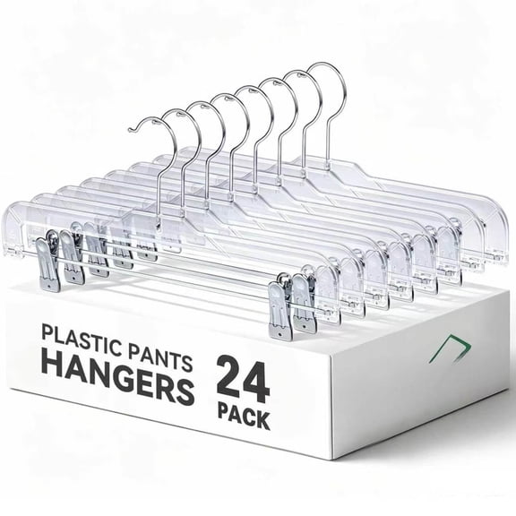 24 Pack Clear Plastic Pants Hangers with 2 Adjustable Clips for Jeans Slacks Shorts