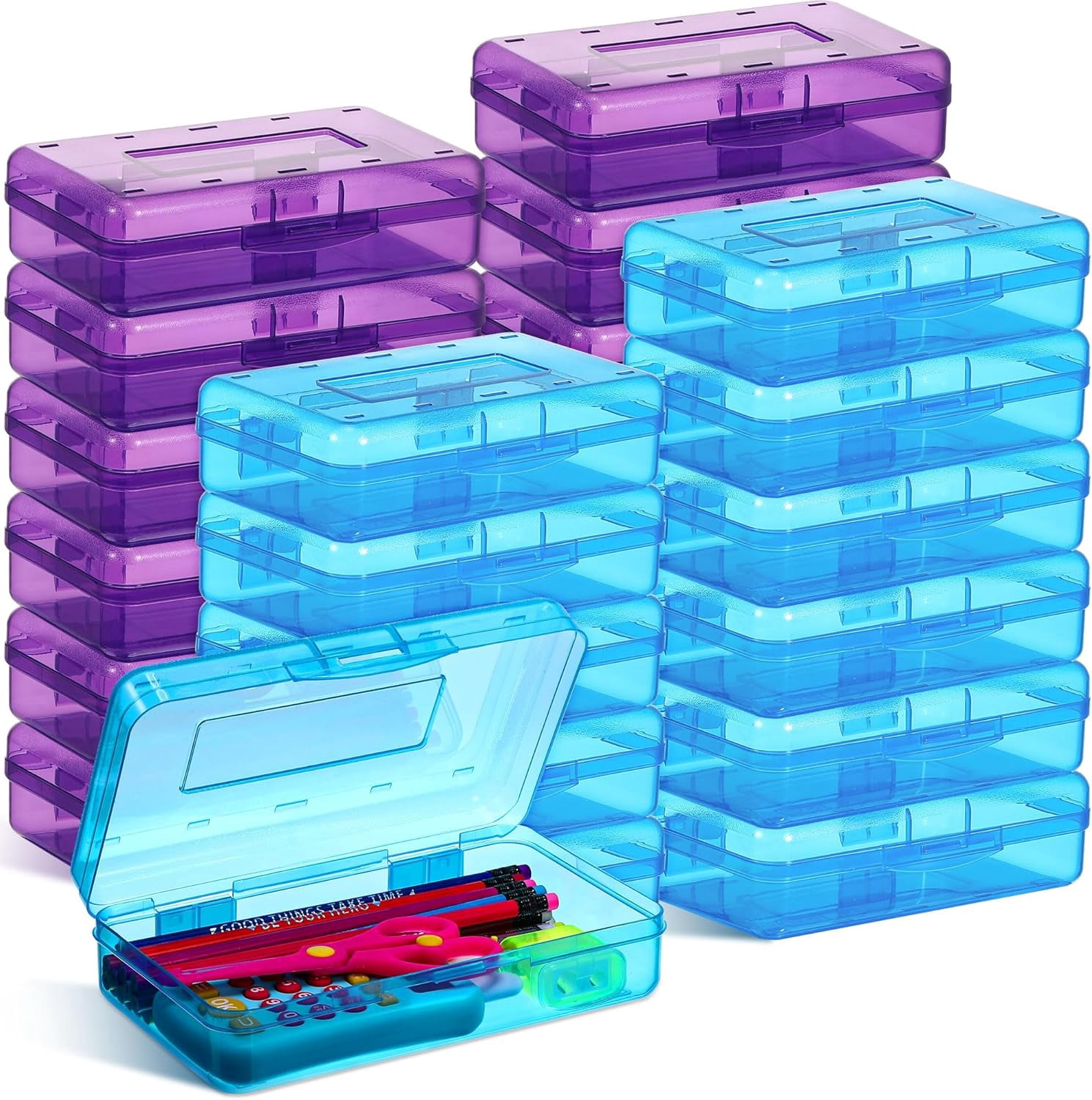 24 Pack Clear Plastic Pencil Boxes, Large Stackable Stationery Organizer, Bulk Crayon Storage Case for Classroom and Daily Use, Transparent