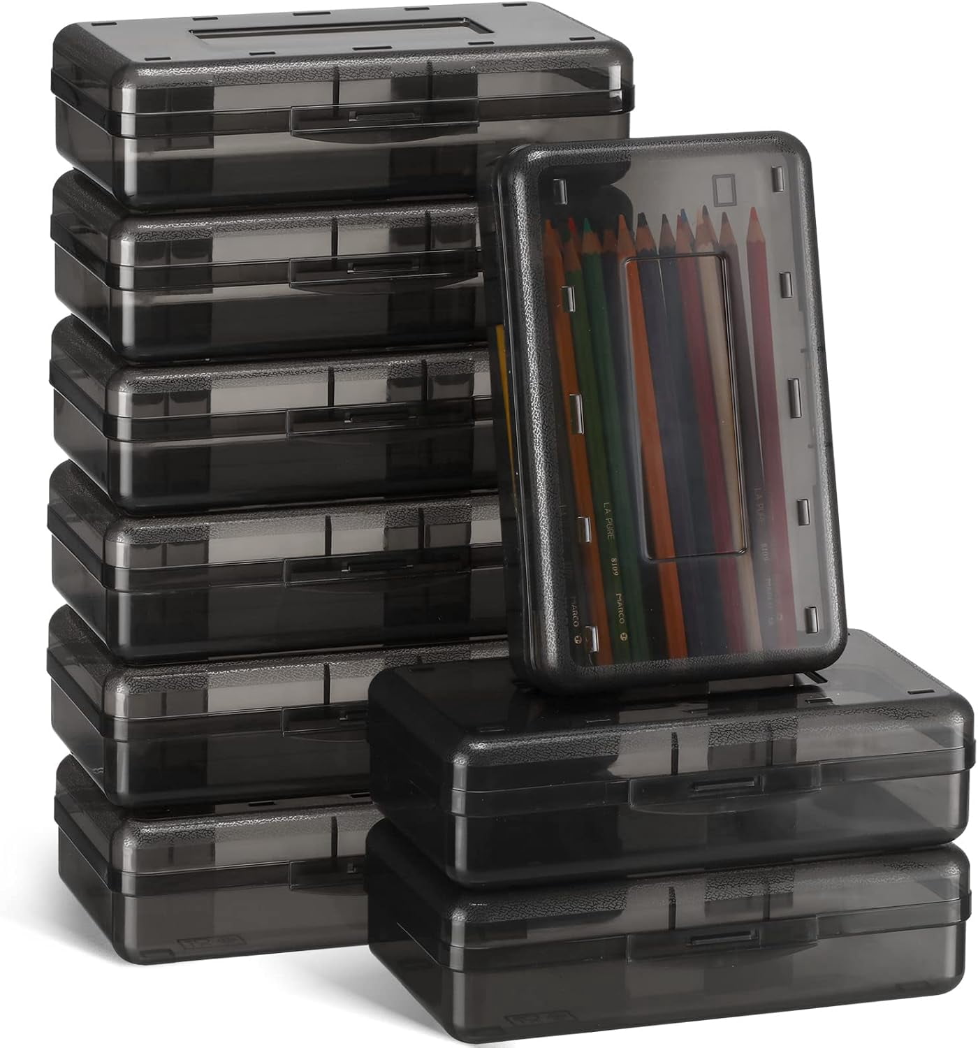 24 Pack Clear Plastic Pencil Boxes, Large Stackable Stationery Organizer, Bulk Crayon Storage Case for Classroom and Daily Use, Transparent