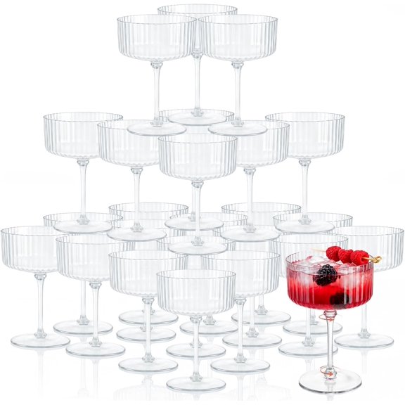 24 Pack Clear Ribbed Plastic Martini Glasses, 10oz Disposable Coupe Glasses | Detachable Ribbed Coupe Cups, Heavy Duty Plastic, Vintage Cocktails Champagne Glasses Cups, Dessert Cup for Wedding Party