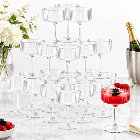 24 Pack Clear Ribbed Plastic Martini Glasses, 10oz Disposable Coupe Style