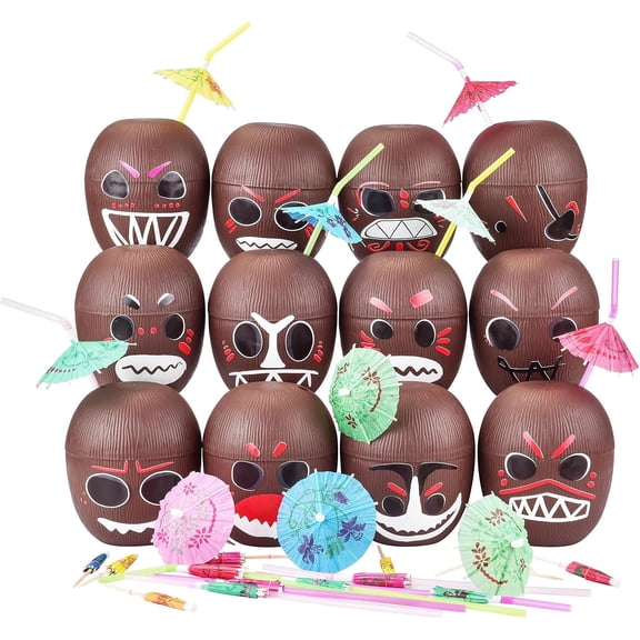24 Pack Coconut Cups with Umbrella Straws, Umbrella Picks and Stickers, 16 oz Reusable Plastic Tiki Cups, DIY Hawaiian Luau Party Supplies for Kids Birthday Beach Pool Party Favors