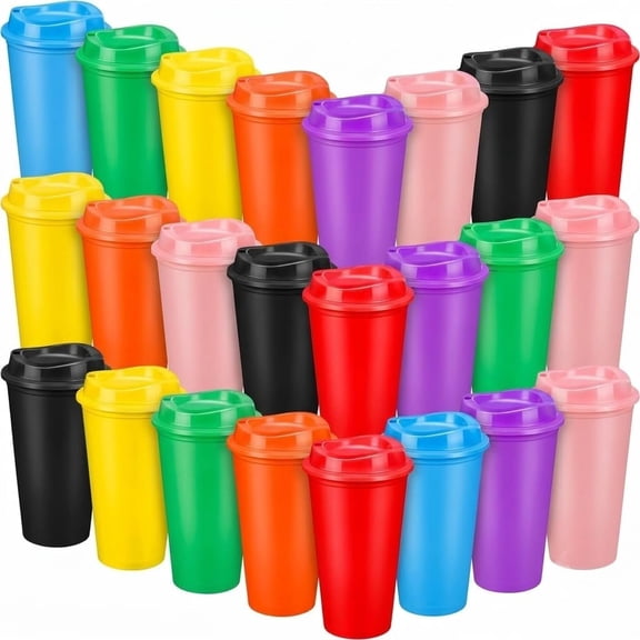 24 Pack Coffee Cups with - 16 oz Bulk Coffee Mugs Plastic Travel Mugs for Cold Drinks, Dishwasher Safe, To-Go Coffee Cups for Parties, Birthdays and Holidays (Multicolor)