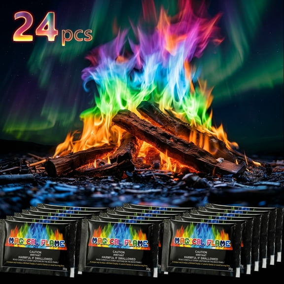 24 Pack Color-Changing Magic Flames Packets for Campfires & Bonfires – Vibrant Multicolor Fire Enhancer – Non-Toxic & Safe for Fire Pits, Outdoor Fireplaces & Backyard Gatherings