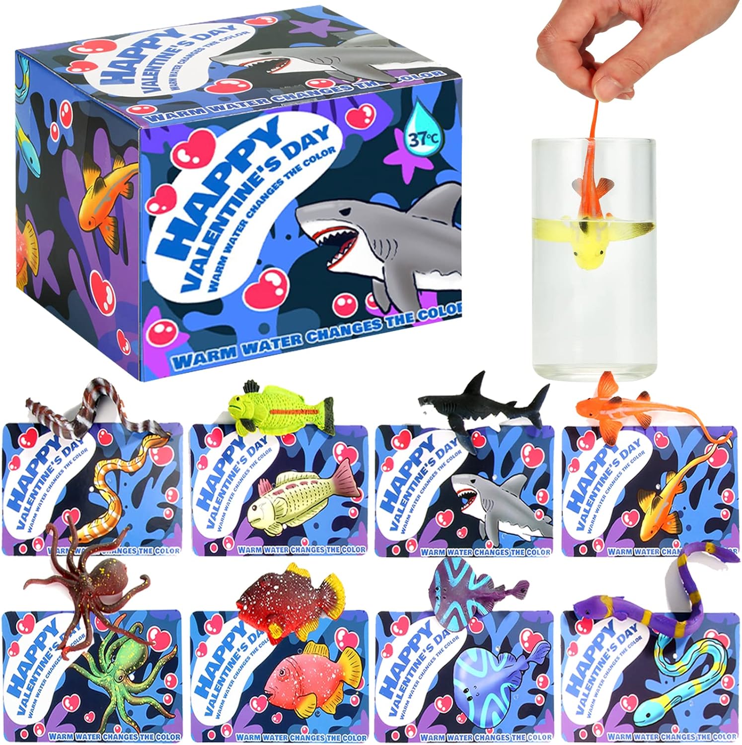 24 Pack Color Changing Sea Animal Valentines Day Cards with Stretch and