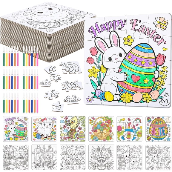 24 Pack Color Your Own Easter Puzzles 5.91 Inch Easter Puzzle for Class DIY Paper Crafts Party Favor Exchange Birthday Gifts Activities Educational Game