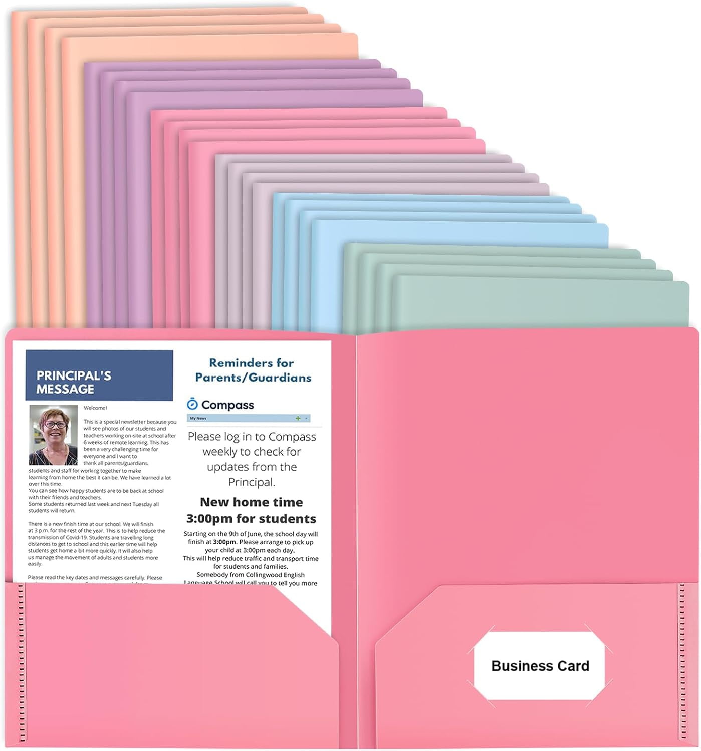 24 Pack Colored File Folders with Pockets and Business Card Holder, Pastel Decorative Pocket Folders for Documents, Cute Plastic Folders for Filing Cabinet, School, Office, Resume Portfolio