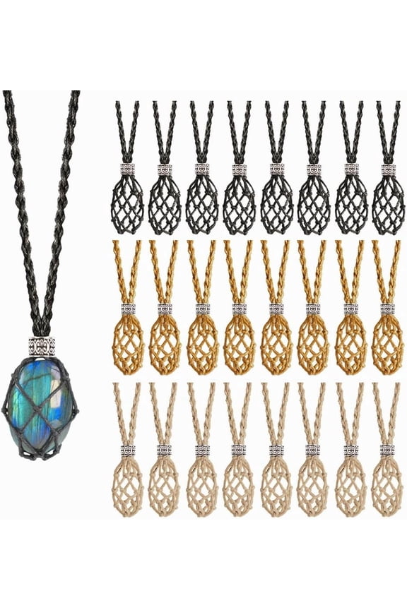 24 Pack Crystal Cage Necklace Holder, Empty Stone Holder for Pendant, Hand-Woven Cord with Adjustable Length[j289]