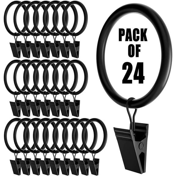 24 Pack Curtain Rings with Clips 1.5", Heavy Duty Drapery Clip,Tension Rods Hooks, Polish Black Curtain Hangers Hook for Home Decorative, 1.5" Rustproof Eyelet Fits up to 1.25" Curtain Rods