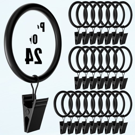 24 Pack Curtain Rings with Clips, Heavy Duty Garment Clip, Tension Rod Hooks, Black Polish Curtain Hangers for Home Decor, 2 Inch Rust Eyelets Fits up to 1.5 inch curtain rods