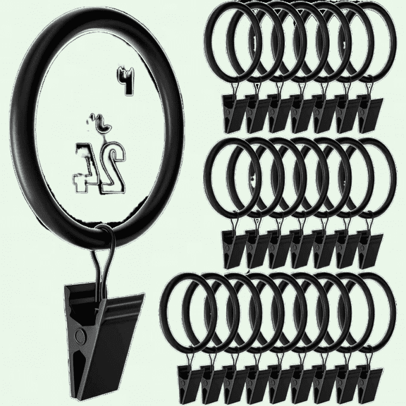 24 Pack Curtain Rings with Clips, Heavy Duty Drapery Clip, Tension Rods Hooks, Polish Black Curtain Hooks Hangers, 1.26 Inch Rustproof Eyelet