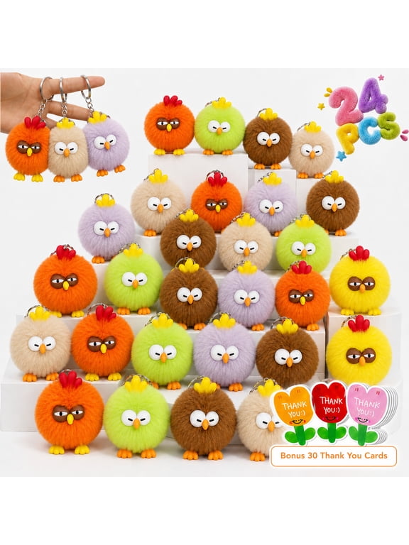 24 Pack Cute Chicken Keychains, 6 Assorted Fuzzy Pom Pom Styles, Bag Charms for Backpacks, Purses and Keys, 4 of Each