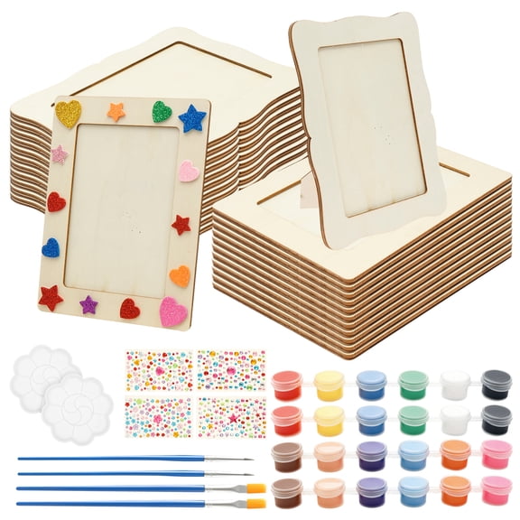 24 Pack DIY Wood Picture Frame Unfinished with Rhinestone Stickers Paint Brushes Acrylic Paints Picture Frame Painting Craft Kit Party Favor