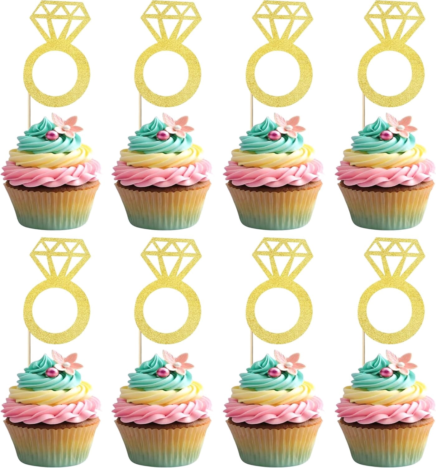 Birthday Topper Rings 24 Pack Diamond Ring Cupcake Toppers Gold Glitter Diamond Wedding Ring ...