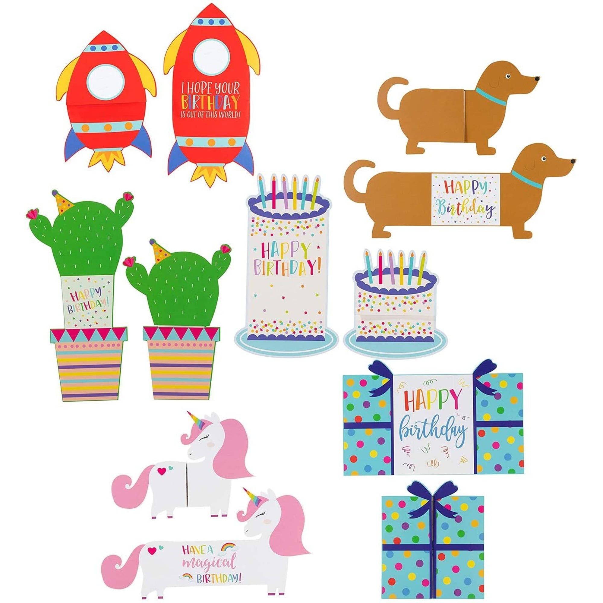 SUSTAINABLE GREETINGS 24 Pack Die Cut Tri-Fold Happy Birthday Cards for Kids with Envelopes, Includes Dogs, Rocket, Unicorn, Cactus, Bday Gift (6 Designs), Ages 3-14