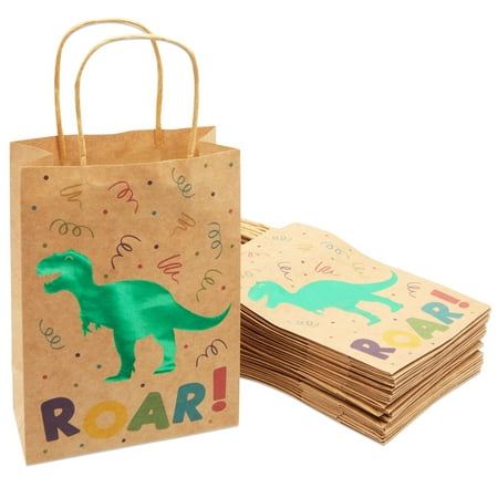 24 Pack Dinosaur Party Bags with Handles, Green Foil T-Rex for Kids Birthday Celebration, Dino Themed Baby Shower Favor, Dinosaur Birthday Party Supplies (8.6 x 6.3 X 3.2 In)