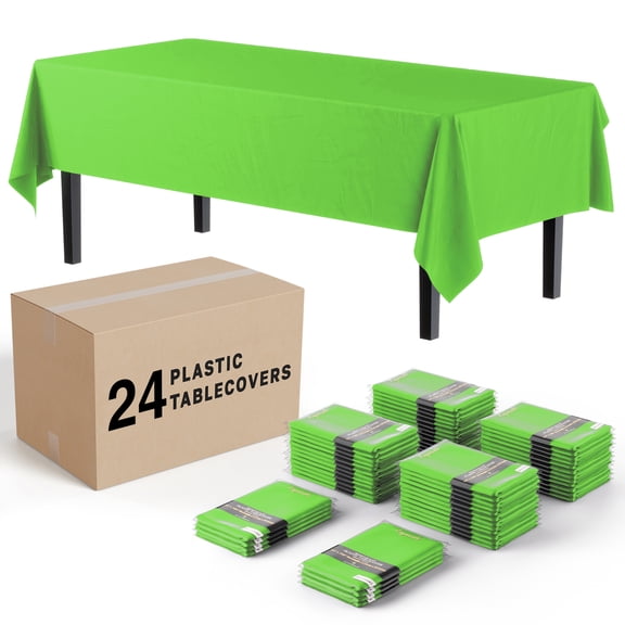 24 Pack - Disposable Lime Green Plastic Tablecloth Covers. Heavy-duty and rectangular, measuring 54" x 108"