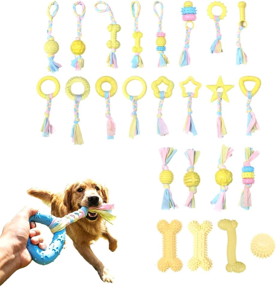 24 Pack Dog Chew Toys, Variety Rubber Fabric Shapes Teeth Cleaning Boredom Relief Training Play for Puppy Teething Small Dogs