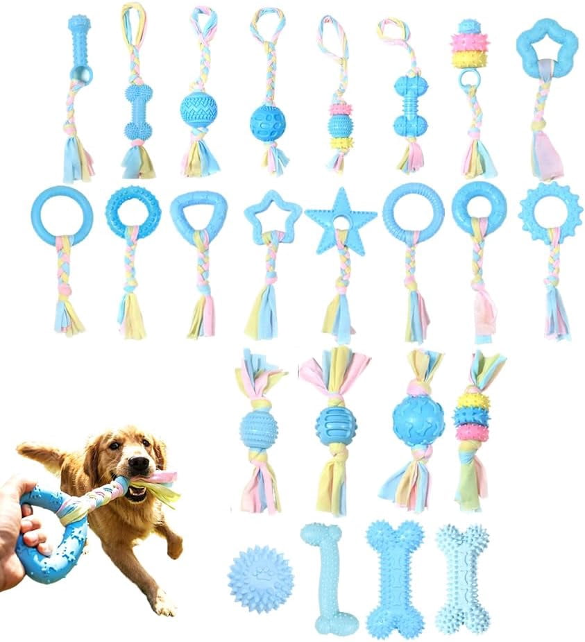 24 Pack Dog Chew Toys, Variety Rubber Fabric Shapes Teeth Cleaning Boredom Relief Training Play for Puppy Teething Small Dogs