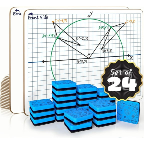 24 Pack Dry Erase XY Axis Graph Lap Boards 9” X 12” for Student and Classroom Use, Math White Board - Double Sided White Boards with 24 Erasers Included