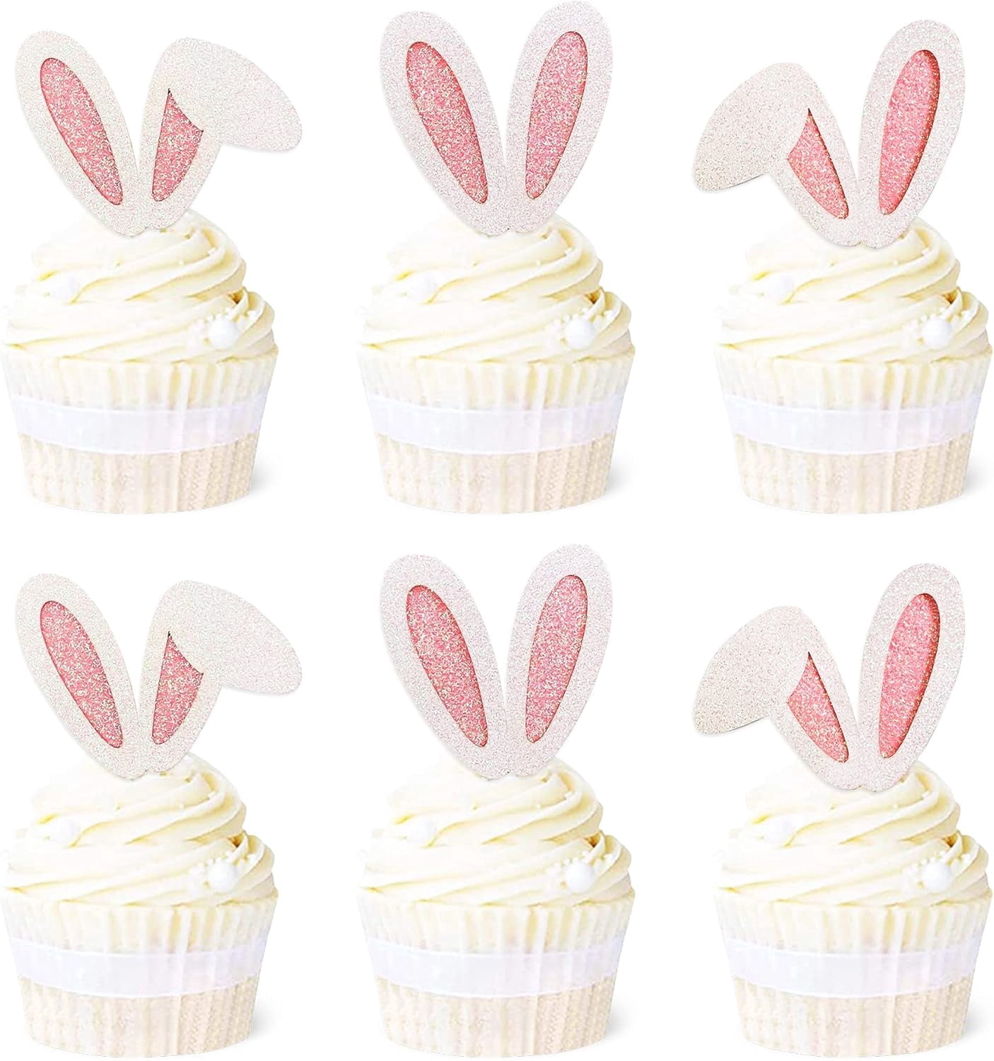 24 Pack Easter Bunny Ear Cupcake Toppers Glitter Pink Rabbit Ears ...