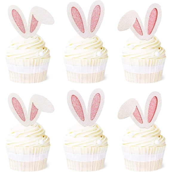 24 Pack Easter Bunny Ear Cupcake Toppers Glitter Pink Rabbit Ears Cupcake Picks Easter Bunny Cupcake Decors Rabbit Cake Toppers for Kids Girls Birthday Baby Shower Party Supplies