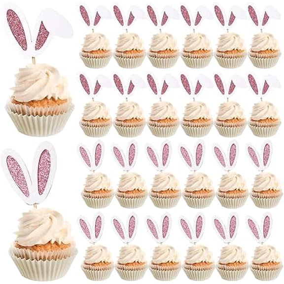 24 Pack Easter Bunny Ear Cupcake Toppers,Set of 2 12pcs Easter Day Rabbit Ears Cupcake Picks Glitter Rabbit Ear Cake Toppers for Birthday Party Cake Decorations Supplies