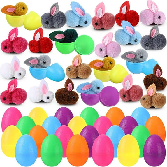 24 Pack Easter Bunny Eggs Filled, 24 Easter Eggs with 24 Cute Plush Toys Colorful Easter Basket Fillers,Easter Baskets Stuffers for Easter Party Favors Teens Egg Hunt Game Gifts
