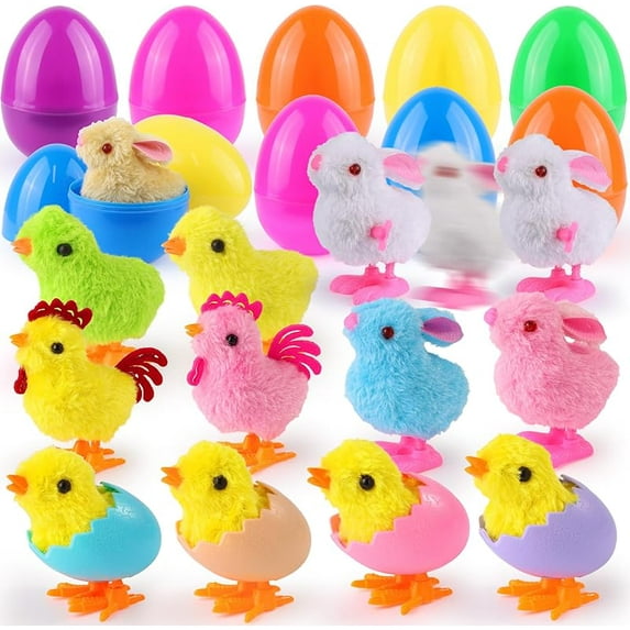 24 Pack Easter Egg Fillers with Bunny Plush, Filled Mini Stuffed Animal Kids Easter Basket Stuffers with Toys Inside Eggs Hunts Party Favors for Kids Toddler Teens Boys Girls
