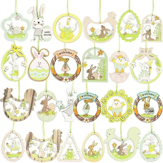 24 Pack Easter Ornaments, Wood Easter Eggs Chicken Rabbit Hanging Tag Embellishment Home Party Decoration