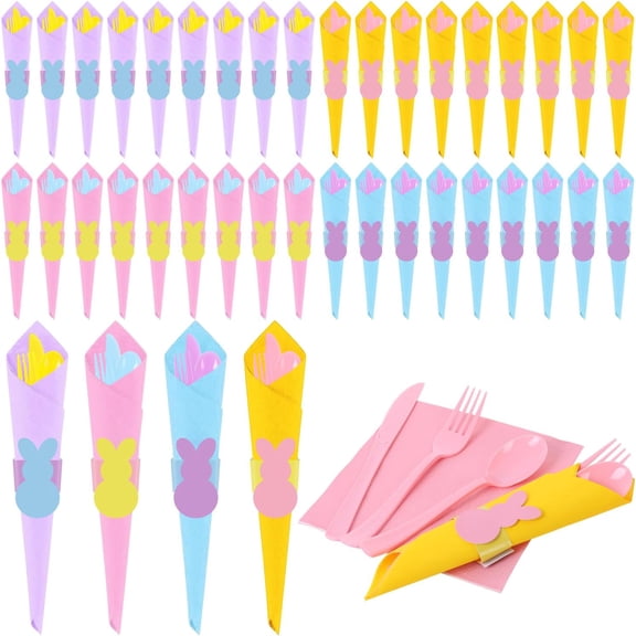 24 Pack Easter Pre Rolled Cutlery Silverware Utensil Set Bundle Knives Forks Spoons Napkins Pastel Plastic Heavyweight Wrapped Tableware Supply for Spring Party Gathering Celebration Event