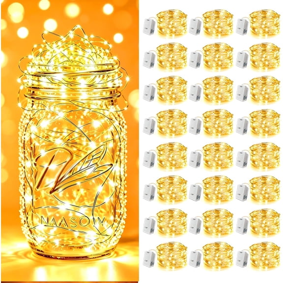 24 Pack Fairy Lights Battery Operated - 3 Modes - 7ft 20 LED Mini Twinkle String Lights Waterproof Silver Wire Firefly Starry Lights for Wedding Party Mason Jars Christmas Decorations, Warm White