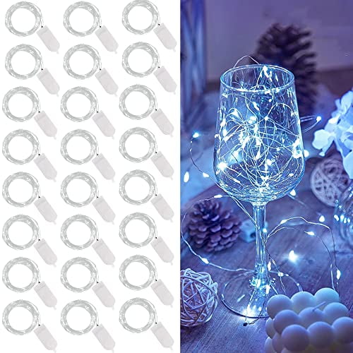 24 Pack Fairy Lights Battery Operated (Included),7 ft 20 LED Mini String Lights,Waterproof Silver Wire Firefly Starry Lights for DIY Wedding Christmas Party Mason Jars Decor,Cool White