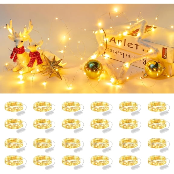 24 Pack Fairy Lights Battery Operated String Lights - 7 ft 20 LED Mini String Lights Waterproof Silver Wire Firefly Lights for Vases Mason Jars DIY Crafts Plants Table Centerpieces Wedding