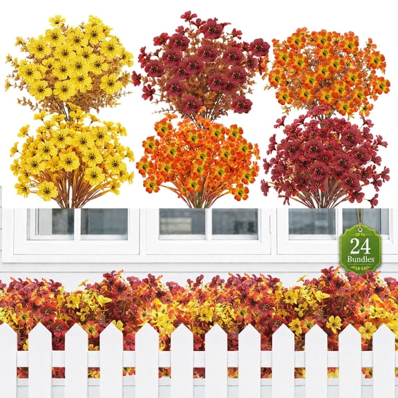 Miracliy 24 Stems Gradient Autumn Artificial Small Daisy Silk Flowers, Faux Fall Greenery Branches for Vase Arrangement Home Thanksgiving Decor