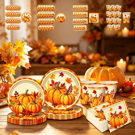24 Pack Fall Pumpkin Disposable Paper Tableware Set, 7 Inch & 9 Inch Plates Paper Cups Napkins, Orange Autumn Dinnerware for Thanksgiving Halloween Harvest Party Dining Table Decor Party Supplies