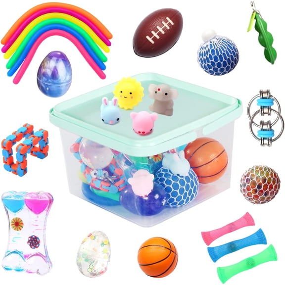24 Pack Fidget Toys for Adults with Liquid Motion Timer Mochi Squishy Stretchy String Flippy Chain Easter Egg Marble Mesh Squeeze Bean Stress Ball for Gift