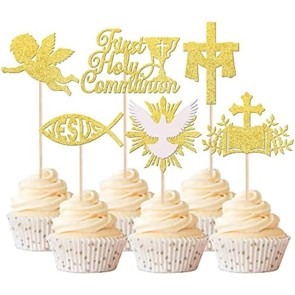 24 Pack First Holy Communion Cupcake Toppers Gold Glitter Dove Angel God Bless Cross Cupcake Picks for Baptism First Communion Theme Baby Shower Birthday Party Cake Decorations