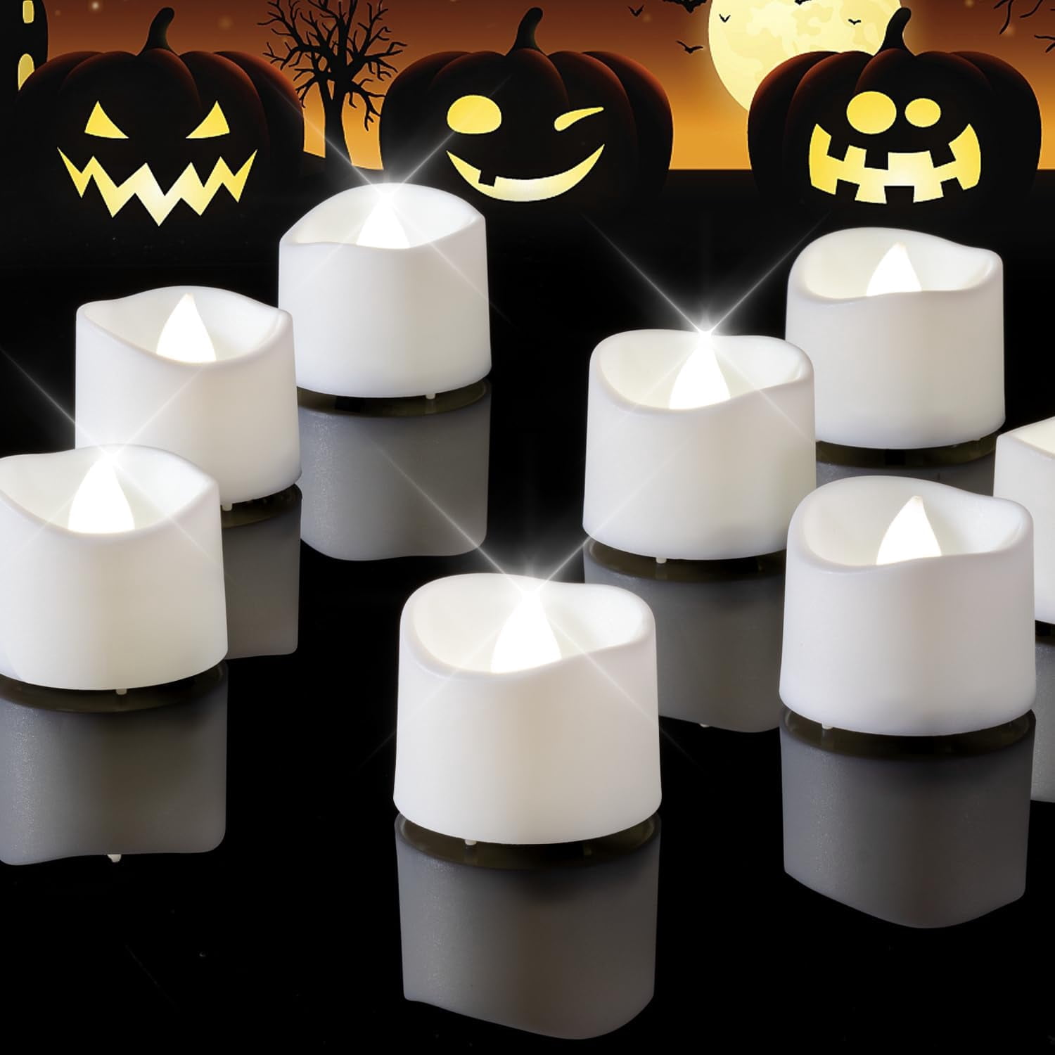12-Pack Halloween Flameless Tealights – Battery Operated, Warm White Flickering, 150+ Hour Battery Life, Realistic Melted Wax Look